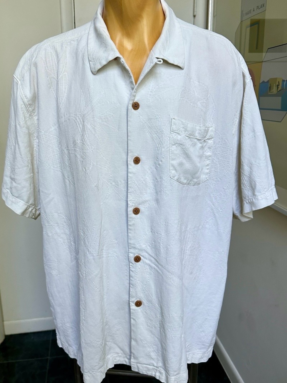 MENS TOMMY BAHAMA CREAM WHITE 100% SILK SHIRT JACQUARD FLORAL SHORT SLEEVE XXL